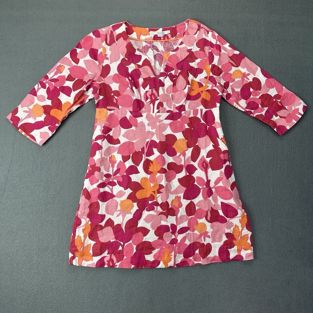Boden 100% Linen Leaf Print Tunic Dress Coastal Boho Pink Women's Sz 6 Petite